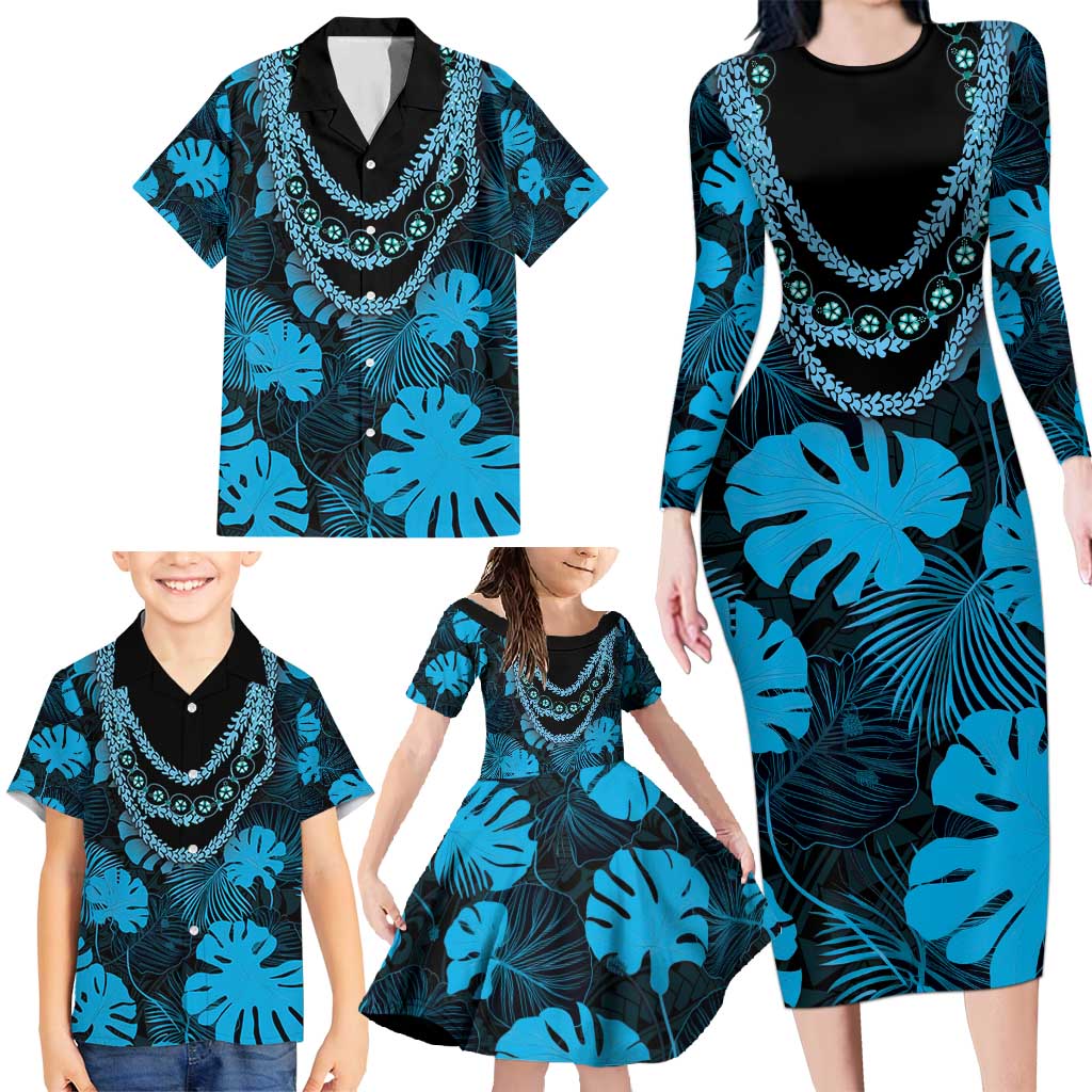 Blue Hawaii Kukui Nut Lei Family Matching Long Sleeve Bodycon Dress and Hawaiian Shirt Hawaiian Pattern Monstera Tropical Vibes - Polynesian Pride