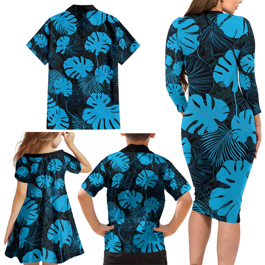 Blue Hawaii Kukui Nut Lei Family Matching Long Sleeve Bodycon Dress and Hawaiian Shirt Hawaiian Pattern Monstera Tropical Vibes - Polynesian Pride