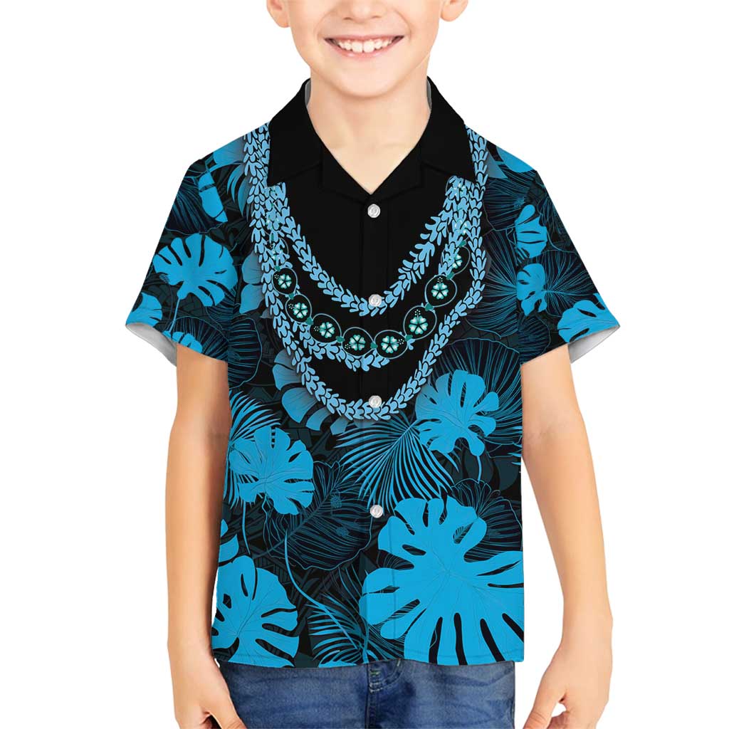 Blue Hawaii Kukui Nut Lei Family Matching Off Shoulder Maxi Dress and Hawaiian Shirt Hawaiian Pattern Monstera Tropical Vibes - Polynesian Pride