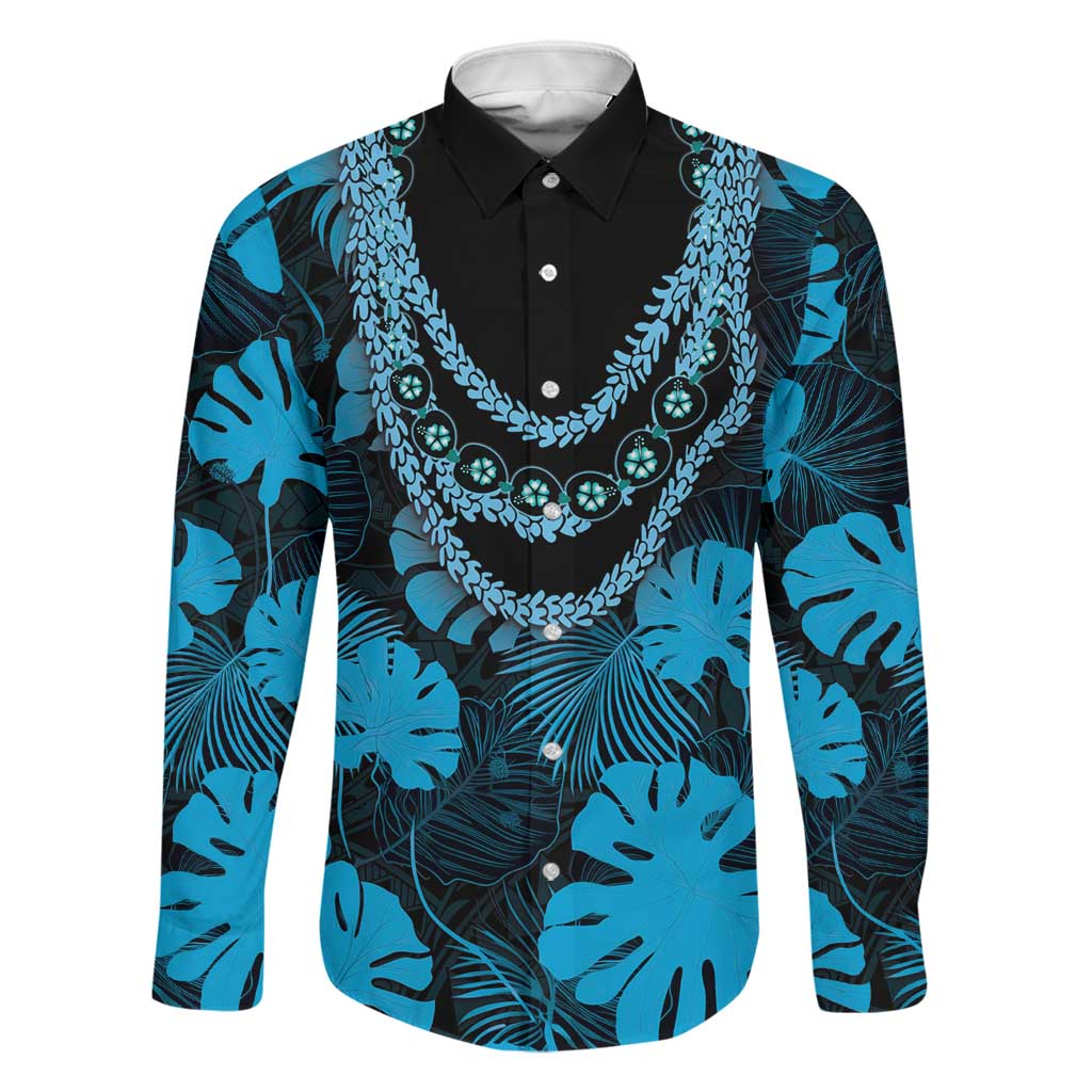 Blue Hawaii Kukui Nut Lei Family Matching Puletasi and Hawaiian Shirt Hawaiian Pattern Monstera Tropical Vibes LT14 Dad's Shirt - Long Sleeve Blue - Polynesian Pride