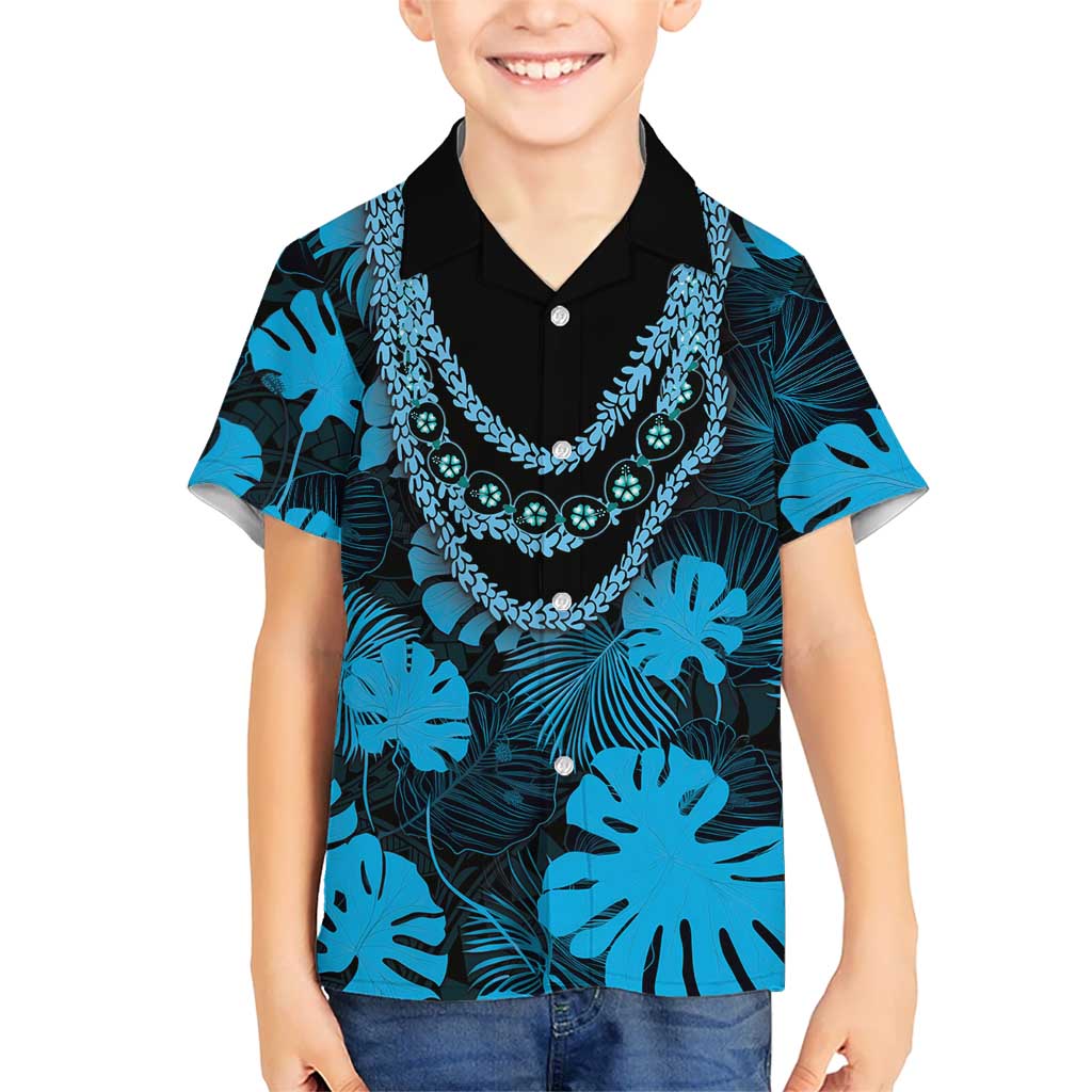 Blue Hawaii Kukui Nut Lei Family Matching Puletasi and Hawaiian Shirt Hawaiian Pattern Monstera Tropical Vibes LT14 Son's Shirt Blue - Polynesian Pride