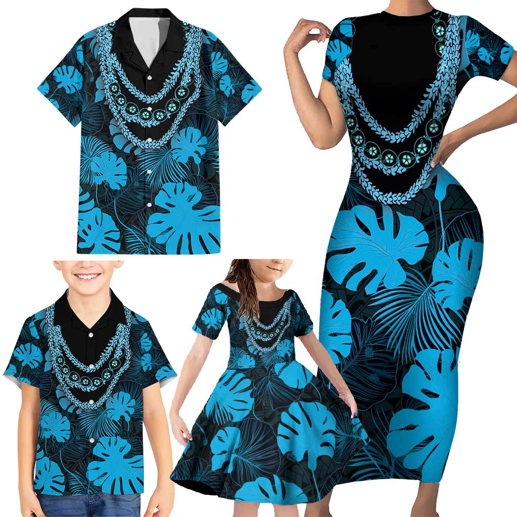 Blue Hawaii Kukui Nut Lei Family Matching Short Sleeve Bodycon Dress and Hawaiian Shirt Hawaiian Pattern Monstera Tropical Vibes - Polynesian Pride