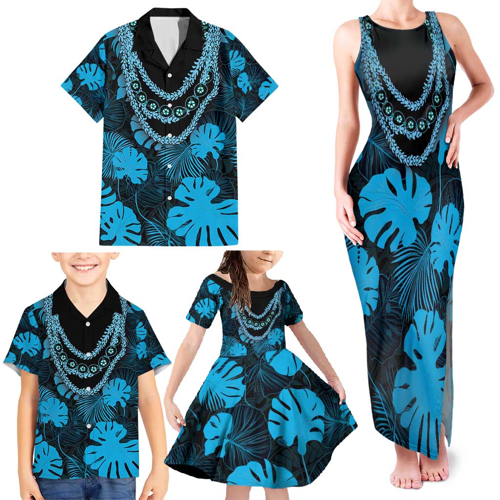 Blue Hawaii Kukui Nut Lei Family Matching Tank Maxi Dress and Hawaiian Shirt Hawaiian Pattern Monstera Tropical Vibes - Polynesian Pride