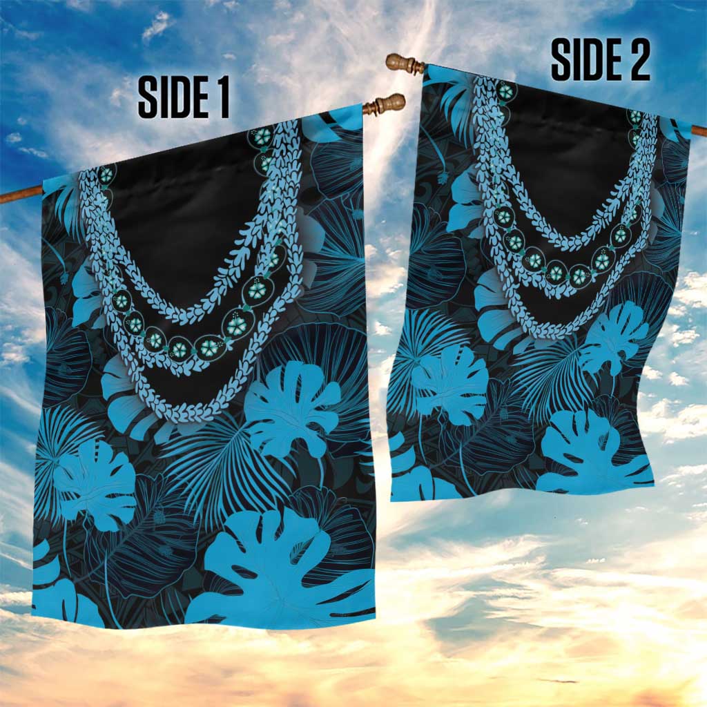 Blue Hawaii Kukui Nut Lei Garden Flag Hawaiian Pattern Monstera Tropical Vibes - Polynesian Pride