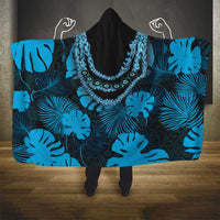 Blue Hawaii Kukui Nut Lei Hooded Blanket Hawaiian Pattern Monstera Tropical Vibes - Polynesian Pride