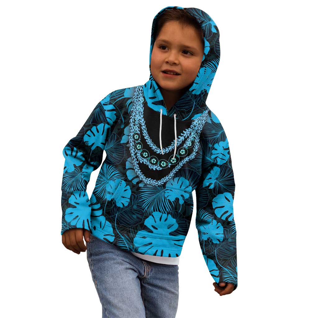Blue Hawaii Kukui Nut Lei Kid Hoodie Hawaiian Pattern Monstera Tropical Vibes - Polynesian Pride