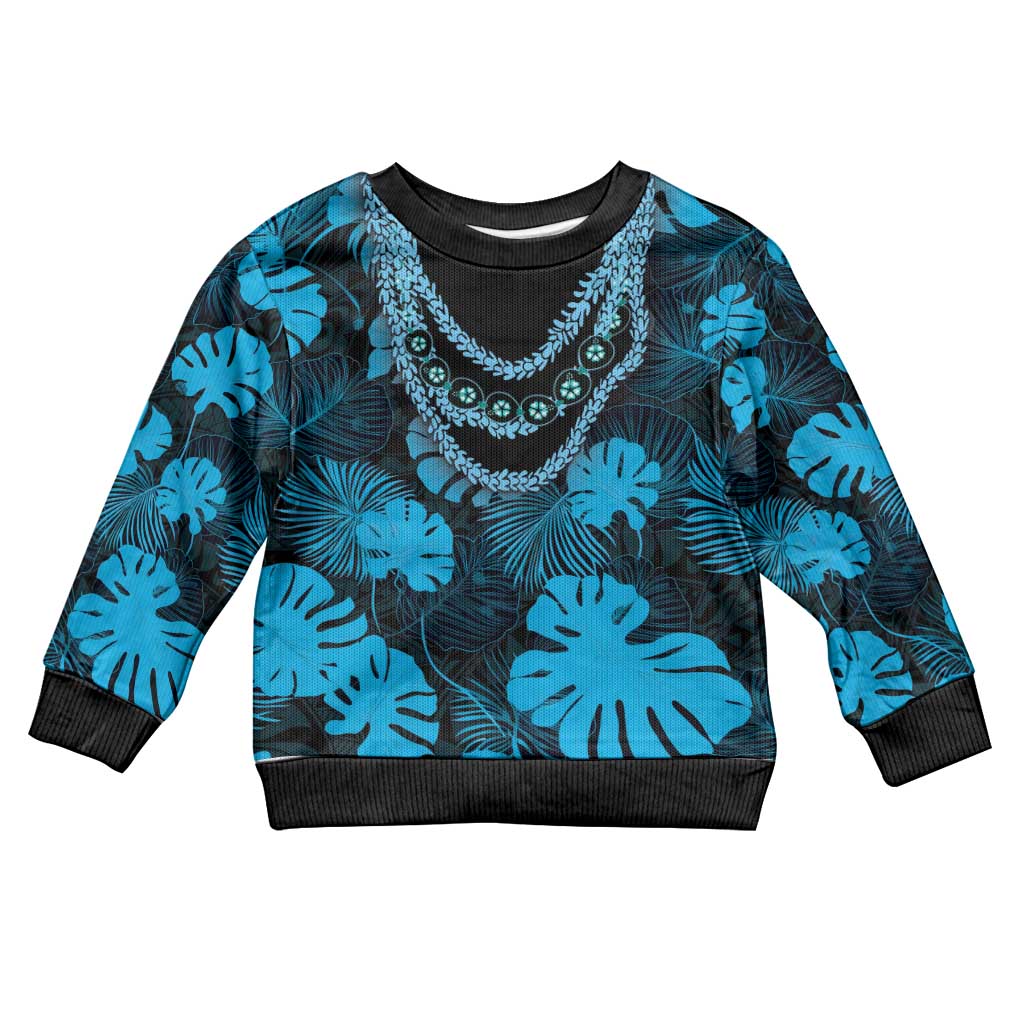 Blue Hawaii Kukui Nut Lei Kid Ugly Christmas Sweater Hawaiian Pattern Monstera Tropical Vibes - Polynesian Pride