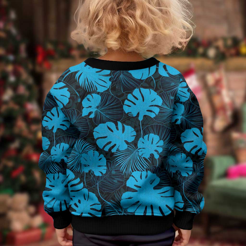 Blue Hawaii Kukui Nut Lei Kid Ugly Christmas Sweater Hawaiian Pattern Monstera Tropical Vibes - Polynesian Pride