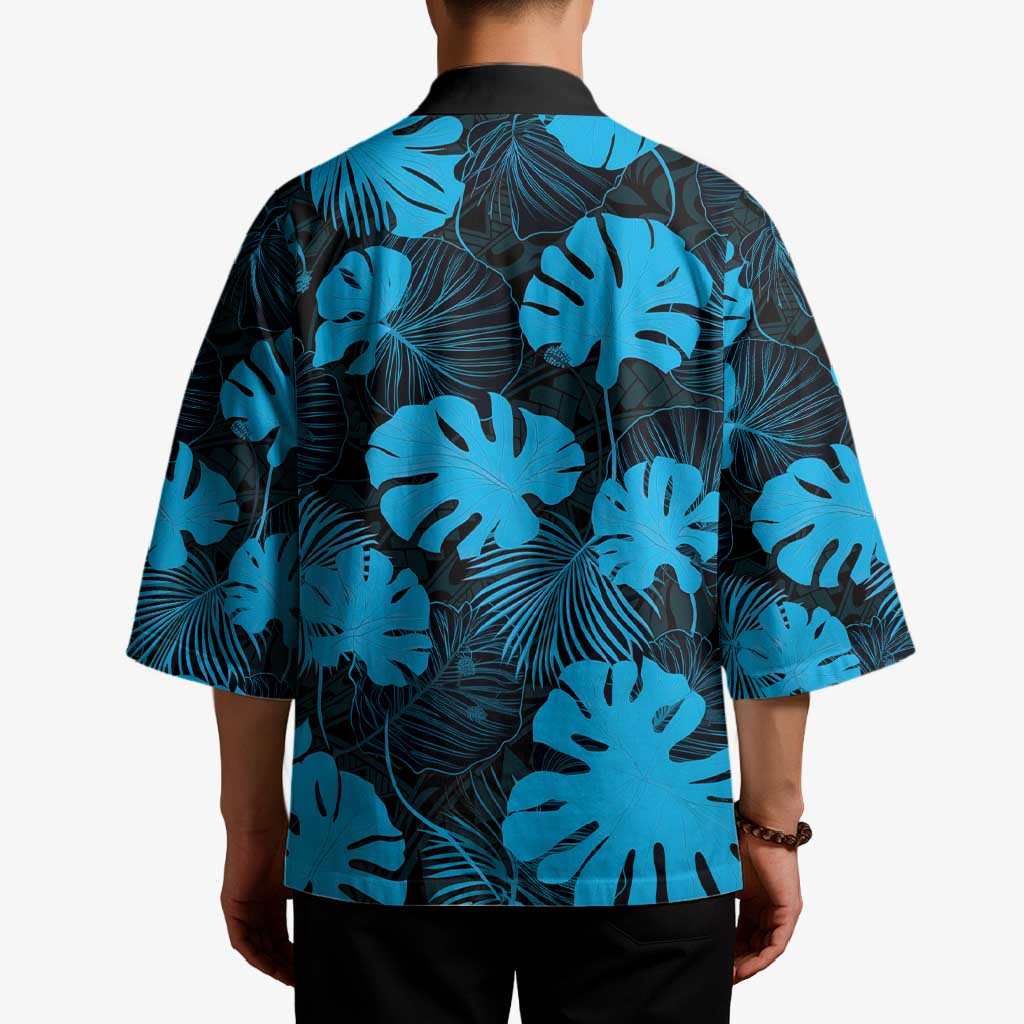 Blue Hawaii Kukui Nut Lei Kimono Hawaiian Pattern Monstera Tropical Vibes - Polynesian Pride