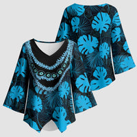 Blue Hawaii Kukui Nut Lei Kimono Sleeve Blouse Hawaiian Pattern Monstera Tropical Vibes - Polynesian Pride