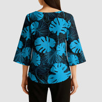 Blue Hawaii Kukui Nut Lei Kimono Sleeve Blouse Hawaiian Pattern Monstera Tropical Vibes - Polynesian Pride