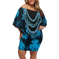 Blue Hawaii Kukui Nut Lei Off Shoulder Short Dress Hawaiian Pattern Monstera Tropical Vibes - Polynesian Pride