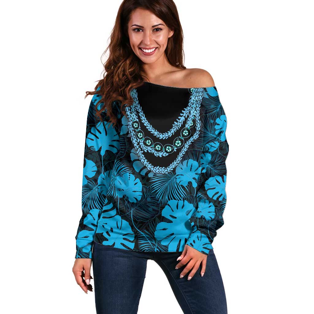 Blue Hawaii Kukui Nut Lei Off Shoulder Sweater Hawaiian Pattern Monstera Tropical Vibes - Polynesian Pride
