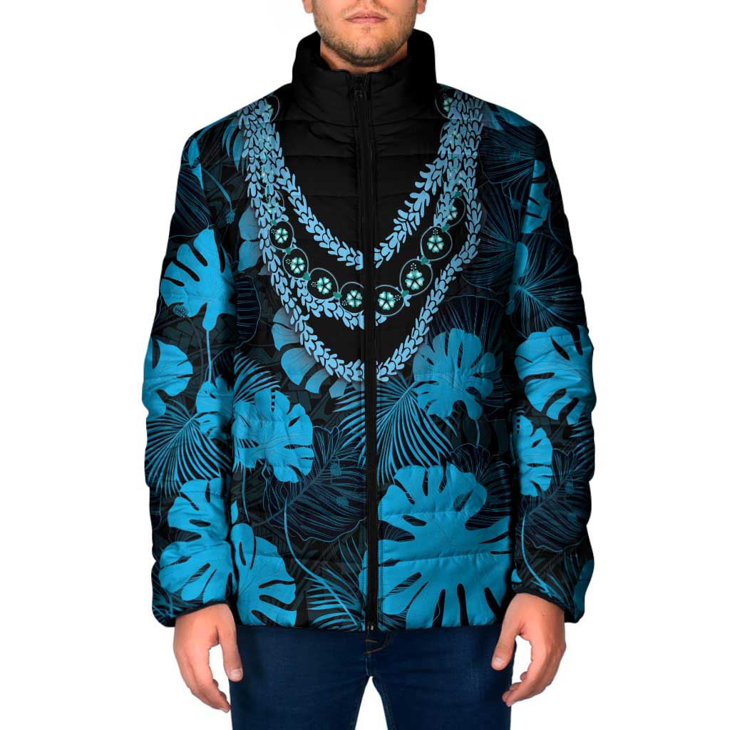Blue Hawaii Kukui Nut Lei Padded Jacket Hawaiian Pattern Monstera Tropical Vibes - Polynesian Pride