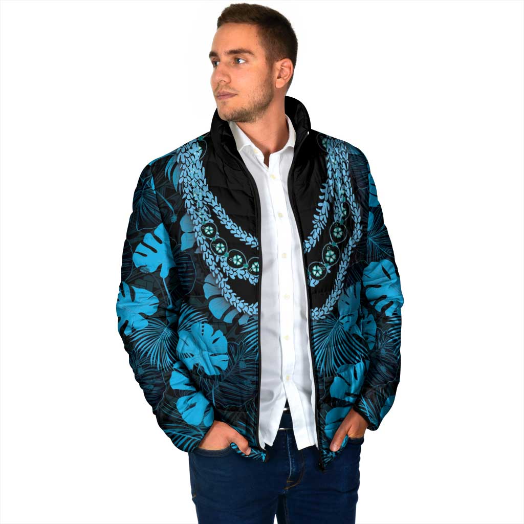 Blue Hawaii Kukui Nut Lei Padded Jacket Hawaiian Pattern Monstera Tropical Vibes - Polynesian Pride