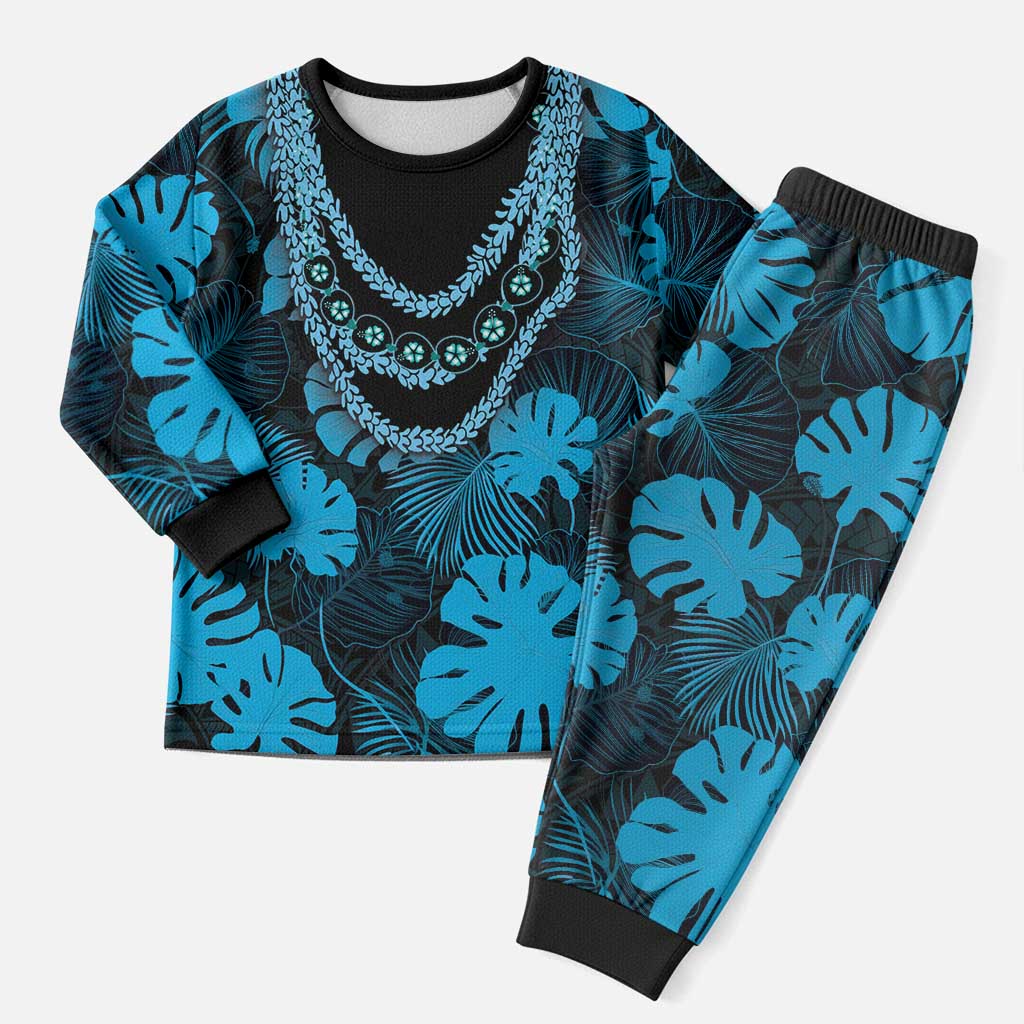 Blue Hawaii Kukui Nut Lei Christmas Pajama Set Hawaiian Pattern Monstera Tropical Vibes - Polynesian Pride