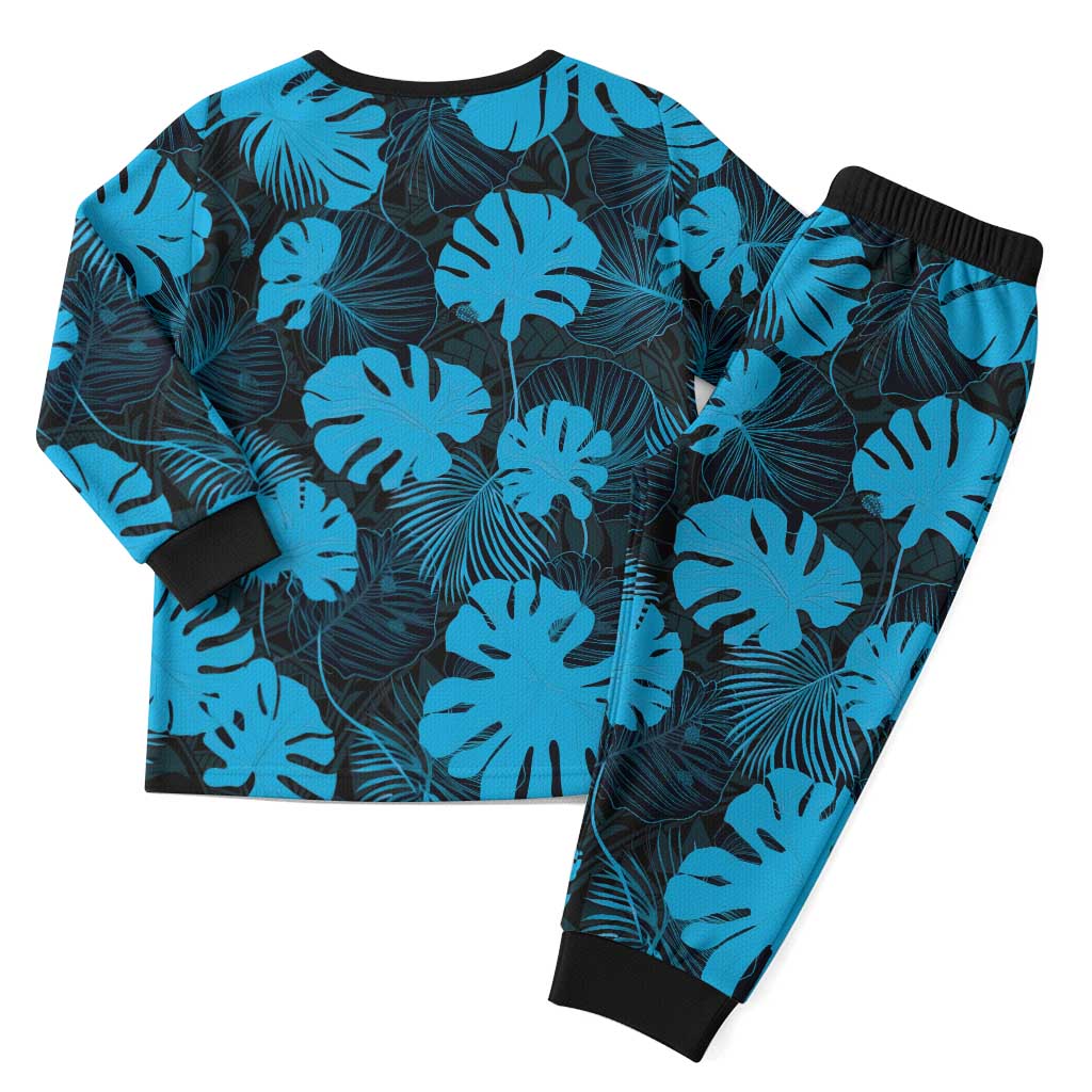 Blue Hawaii Kukui Nut Lei Christmas Pajama Set Hawaiian Pattern Monstera Tropical Vibes - Polynesian Pride