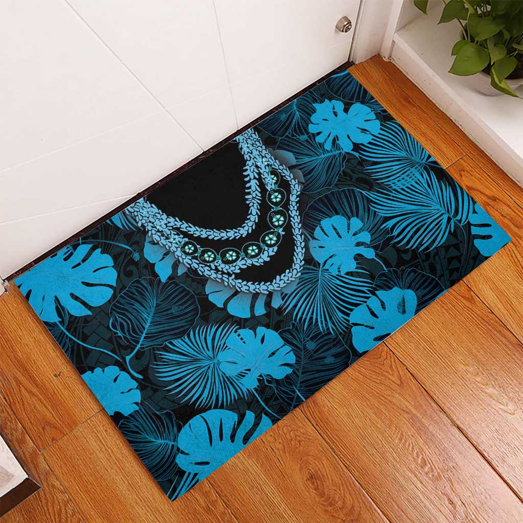 Blue Hawaii Kukui Nut Lei Rubber Doormat Hawaiian Pattern Monstera Tropical Vibes - Polynesian Pride