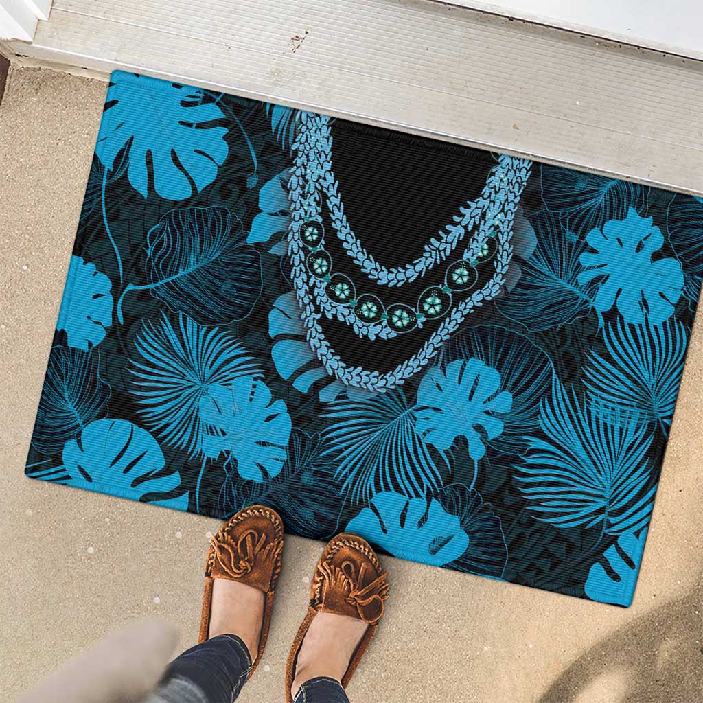 Blue Hawaii Kukui Nut Lei Rubber Doormat Hawaiian Pattern Monstera Tropical Vibes - Polynesian Pride