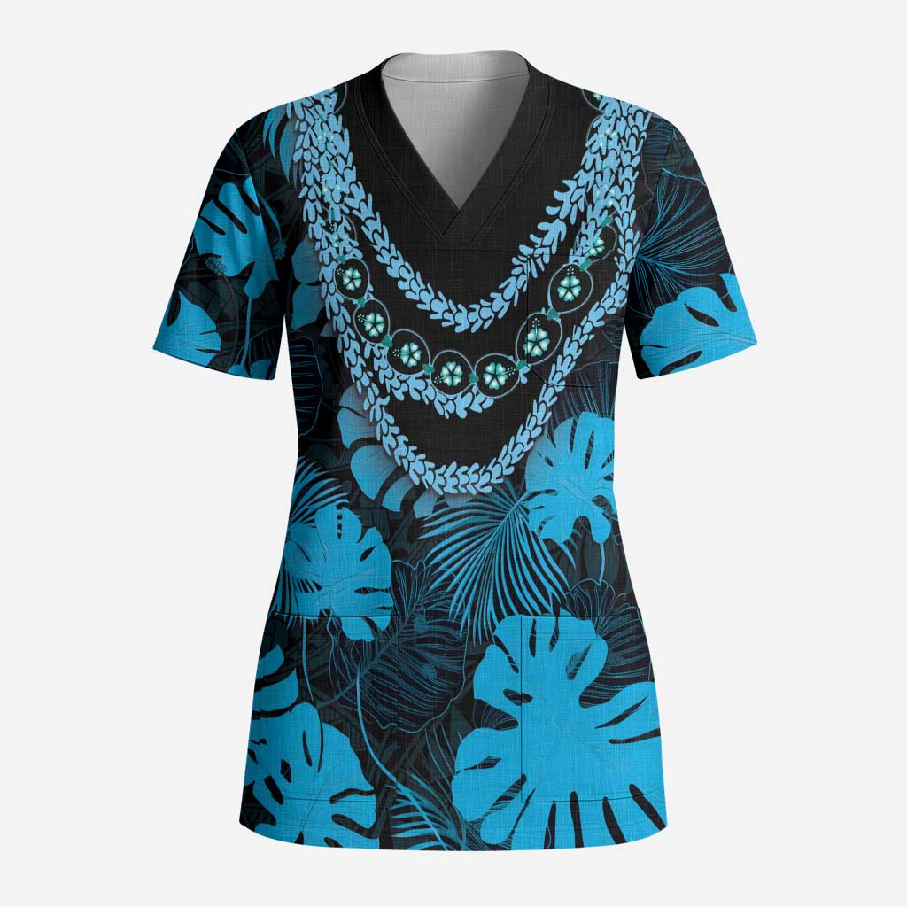 Blue Hawaii Kukui Nut Lei Scrub Top Hawaiian Pattern Monstera Tropical Vibes - Polynesian Pride