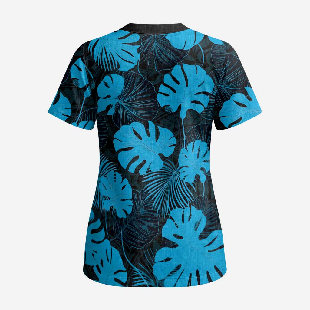 Blue Hawaii Kukui Nut Lei Scrub Top Hawaiian Pattern Monstera Tropical Vibes - Polynesian Pride