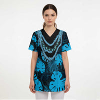 Blue Hawaii Kukui Nut Lei Scrub Top Hawaiian Pattern Monstera Tropical Vibes - Polynesian Pride