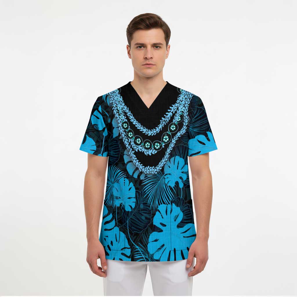 Blue Hawaii Kukui Nut Lei Scrub Top Hawaiian Pattern Monstera Tropical Vibes - Polynesian Pride