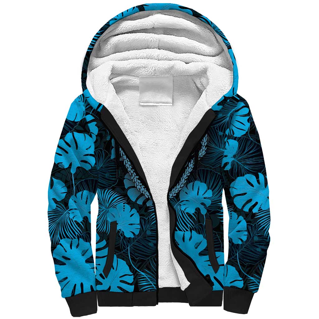Blue Hawaii Kukui Nut Lei Sherpa Hoodie Hawaiian Pattern Monstera Tropical Vibes - Polynesian Pride