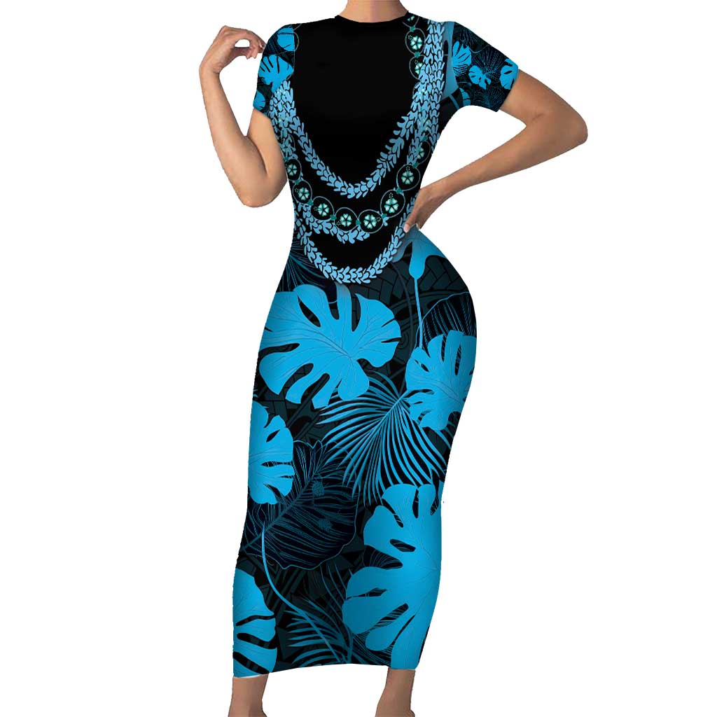 Blue Hawaii Kukui Nut Lei Short Sleeve Bodycon Dress Hawaiian Pattern Monstera Tropical Vibes - Polynesian Pride