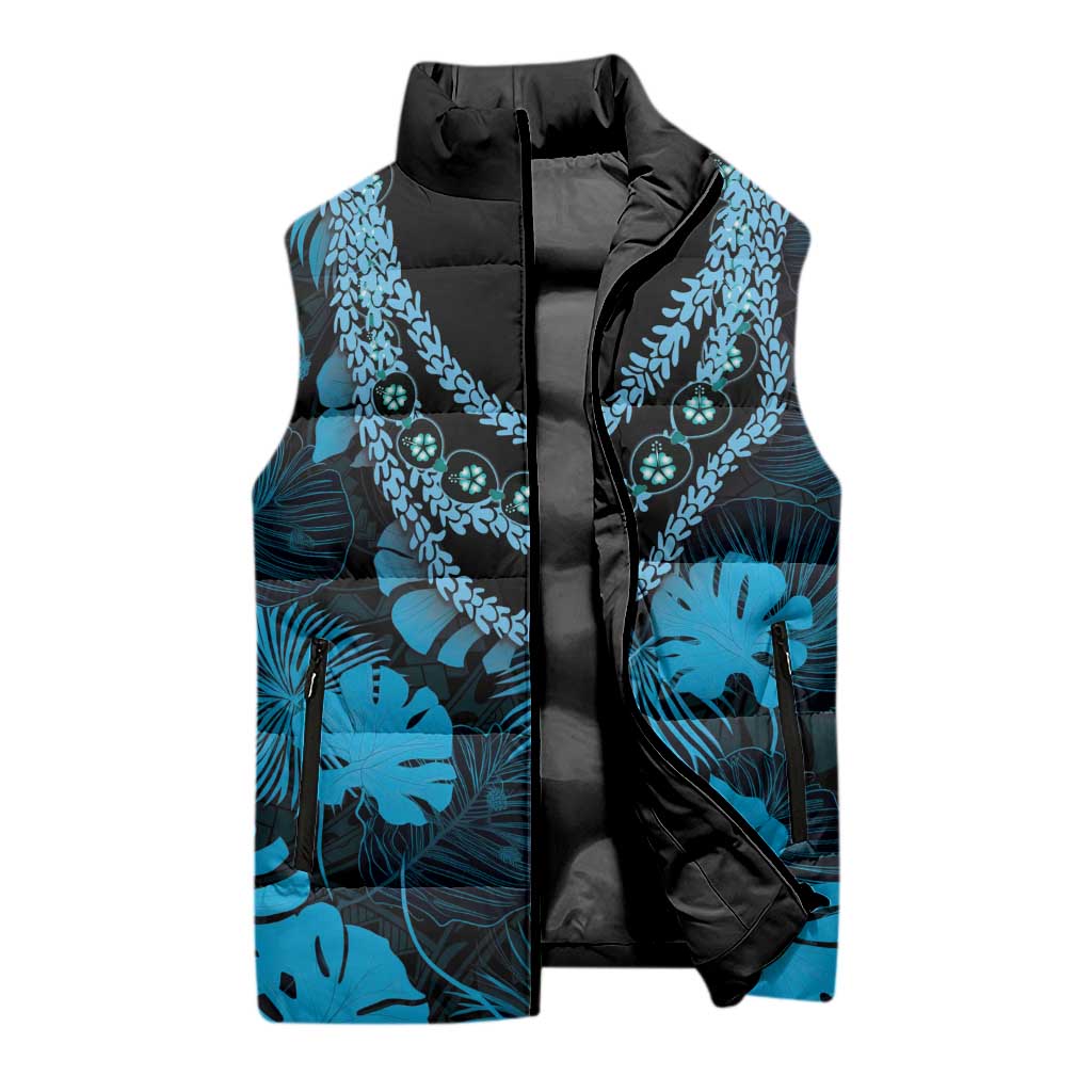 Blue Hawaii Kukui Nut Lei Sleeveless Puffer Jacket Hawaiian Pattern Monstera Tropical Vibes - Polynesian Pride