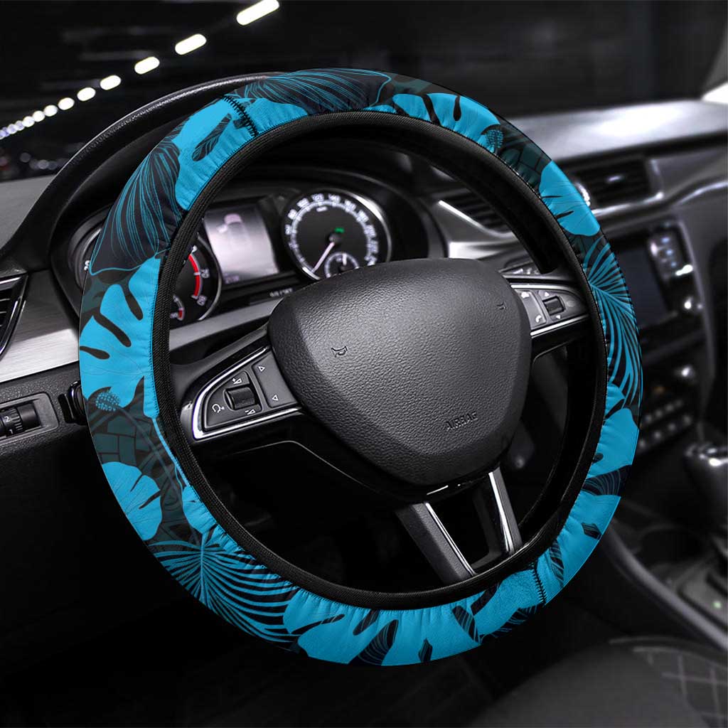 Blue Hawaii Kukui Nut Lei Steering Wheel Cover Hawaiian Pattern Monstera Tropical Vibes - Polynesian Pride