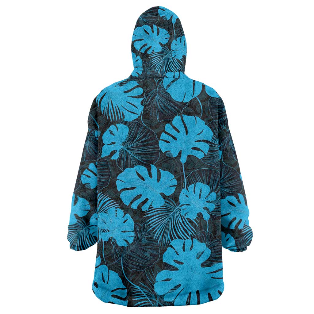 Blue Hawaii Kukui Nut Lei Wearable Blanket Hoodie Hawaiian Pattern Monstera Tropical Vibes - Polynesian Pride