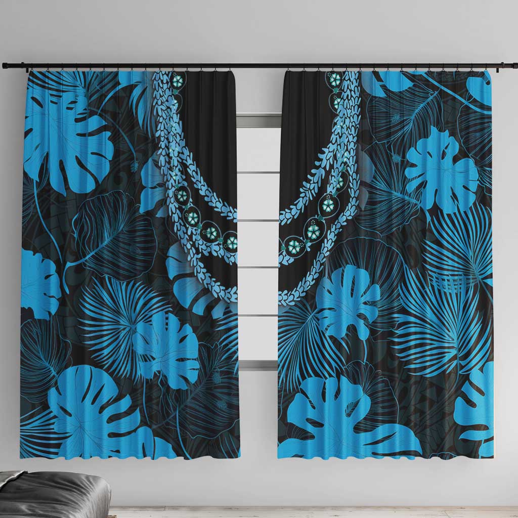 Blue Hawaii Kukui Nut Lei Window Curtain Hawaiian Pattern Monstera Tropical Vibes - Polynesian Pride