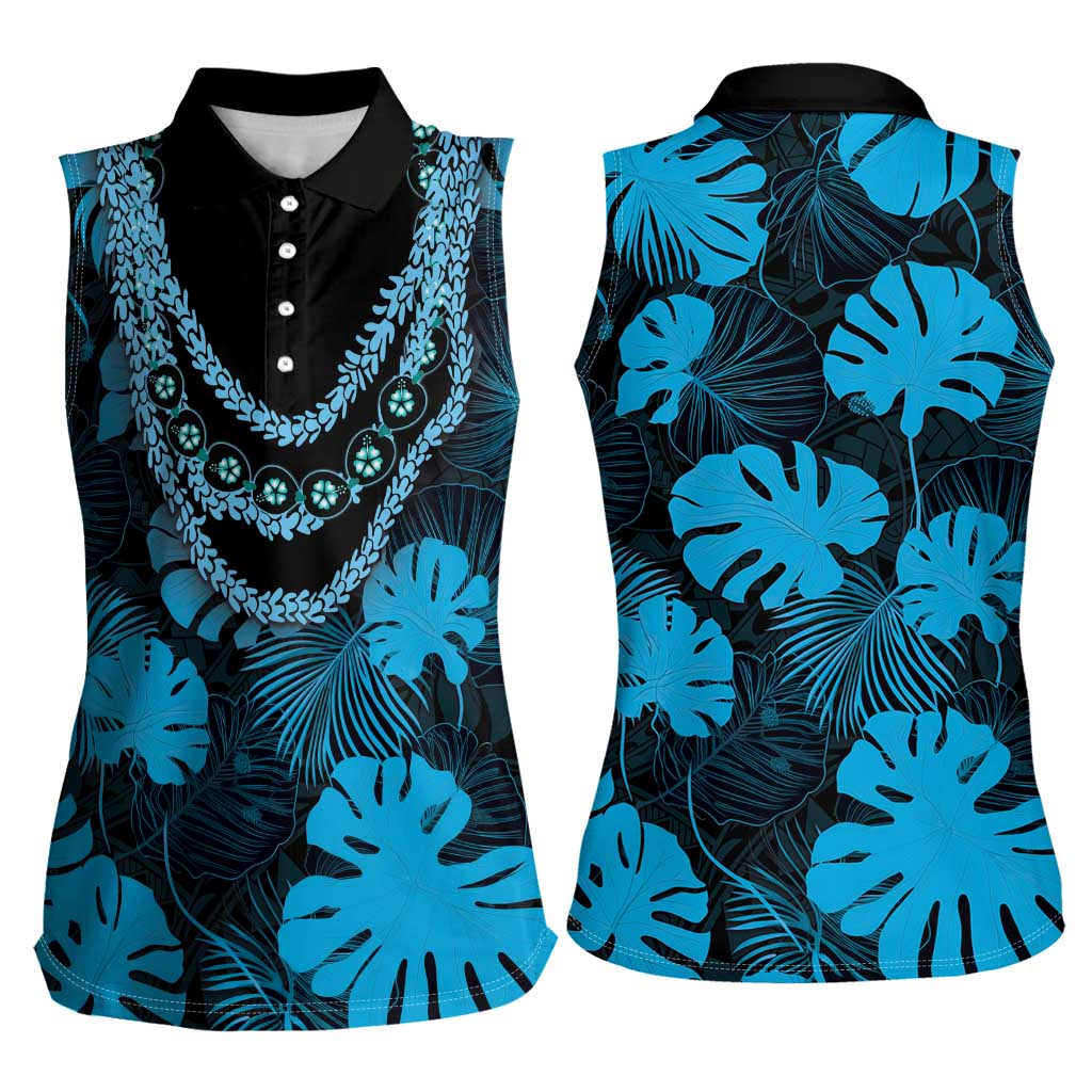 Blue Hawaii Kukui Nut Lei Women Sleeveless Polo Shirt Hawaiian Pattern Monstera Tropical Vibes - Polynesian Pride
