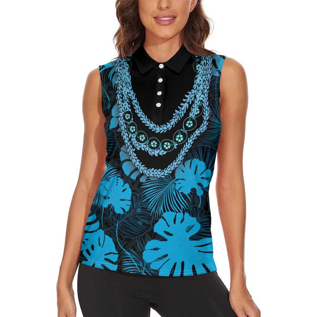Blue Hawaii Kukui Nut Lei Women Sleeveless Polo Shirt Hawaiian Pattern Monstera Tropical Vibes - Polynesian Pride