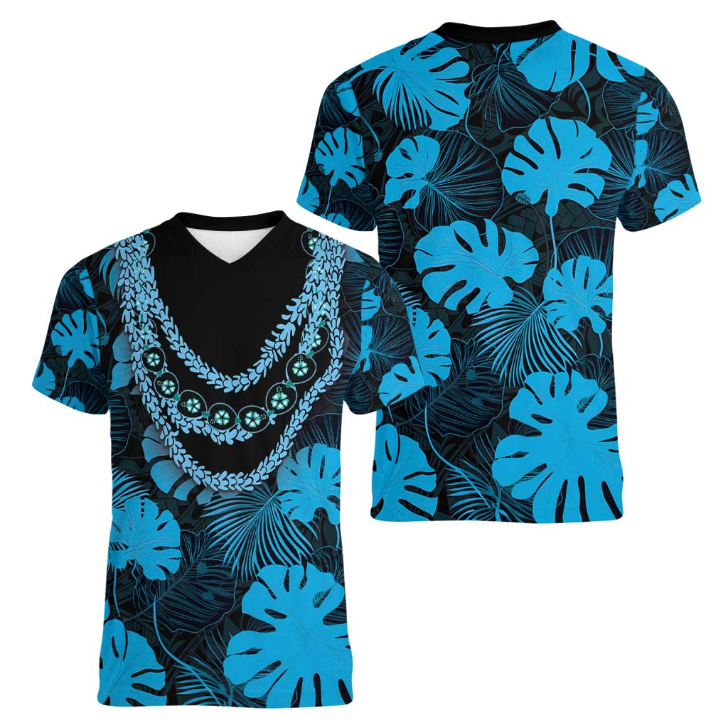 Blue Hawaii Kukui Nut Lei Women V-Neck T-Shirt Hawaiian Pattern Monstera Tropical Vibes - Polynesian Pride