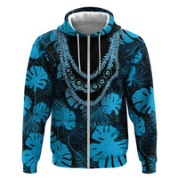 Blue Hawaii Kukui Nut Lei Zip Hoodie Hawaiian Pattern Monstera Tropical Vibes - Polynesian Pride