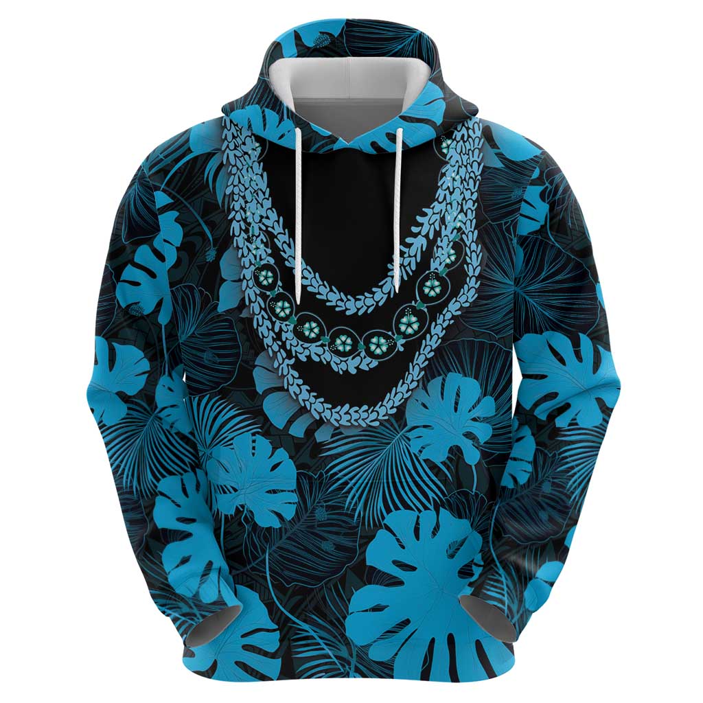 Blue Hawaii Kukui Nut Lei Zip Hoodie Hawaiian Pattern Monstera Tropical Vibes - Polynesian Pride