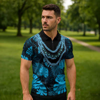 Blue Hawaii Kukui Nut Lei Zipper Polo Shirt Hawaiian Pattern Monstera Tropical Vibes - Polynesian Pride