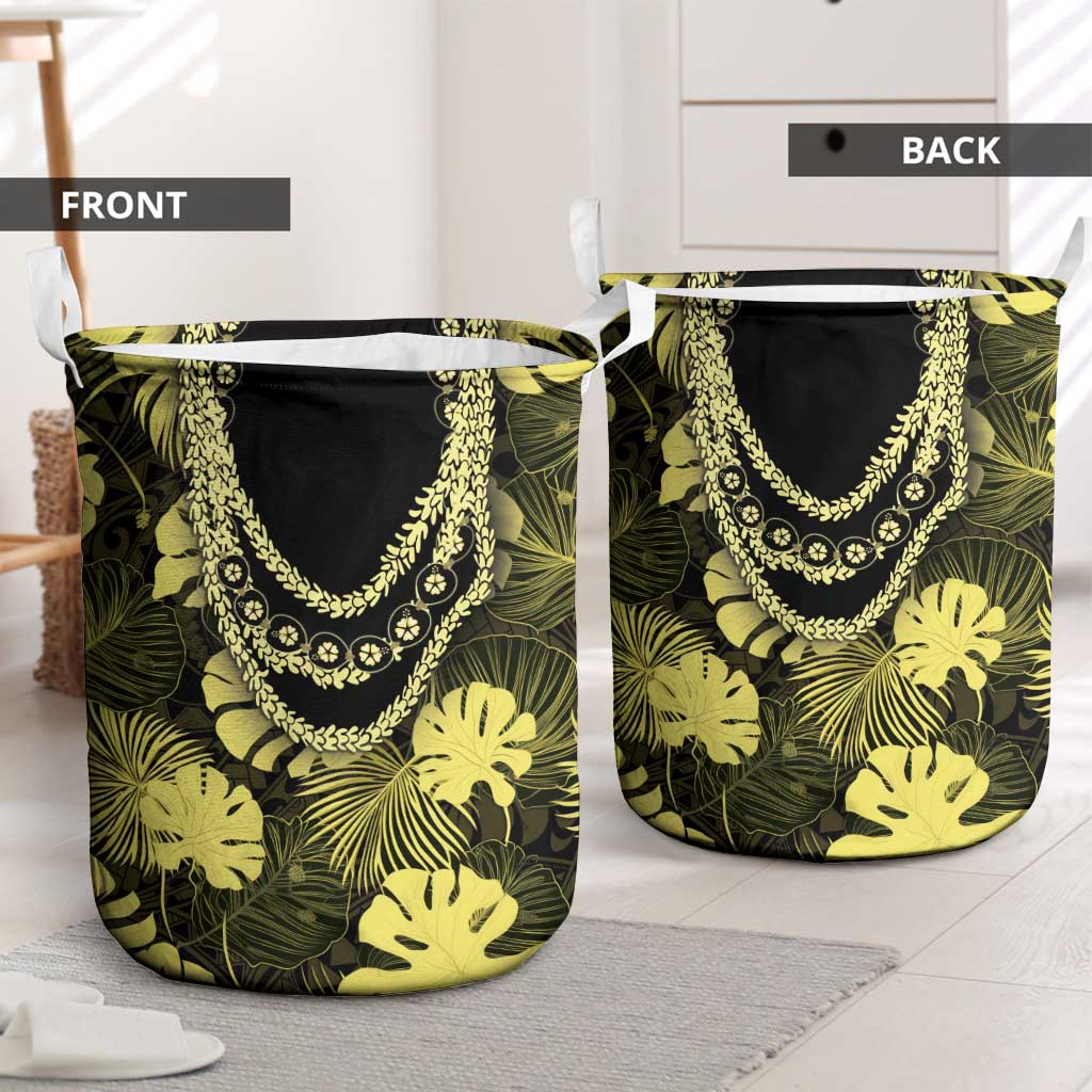 Yellow Hawaii Kukui Nut Lei Laundry Basket Hawaiian Pattern Monstera Tropical Vibes - Polynesian Pride
