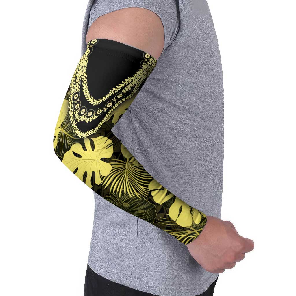 Yellow Hawaii Kukui Nut Lei Arm Sleeves Hawaiian Pattern Monstera Tropical Vibes - Polynesian Pride