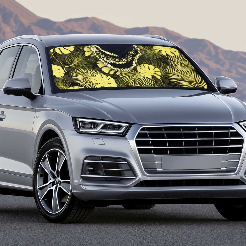 Yellow Hawaii Kukui Nut Lei Auto Sun Shade Hawaiian Pattern Monstera Tropical Vibes - Polynesian Pride