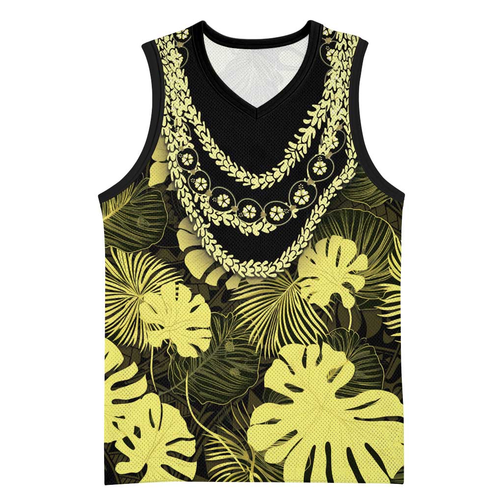 Yellow Hawaii Kukui Nut Lei Basketball Jersey Hawaiian Pattern Monstera Tropical Vibes - Polynesian Pride