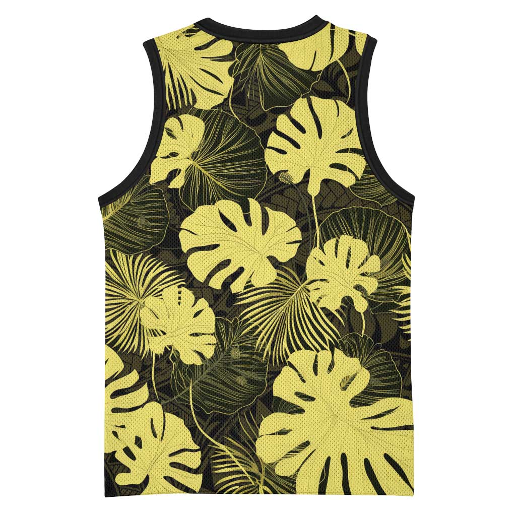 Yellow Hawaii Kukui Nut Lei Basketball Jersey Hawaiian Pattern Monstera Tropical Vibes - Polynesian Pride