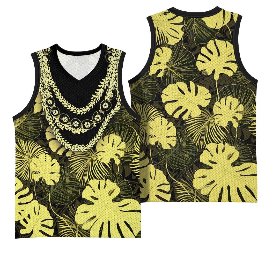 Yellow Hawaii Kukui Nut Lei Basketball Jersey Hawaiian Pattern Monstera Tropical Vibes - Polynesian Pride
