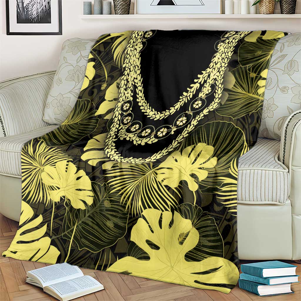 Yellow Hawaii Kukui Nut Lei Blanket Hawaiian Pattern Monstera Tropical Vibes - Polynesian Pride