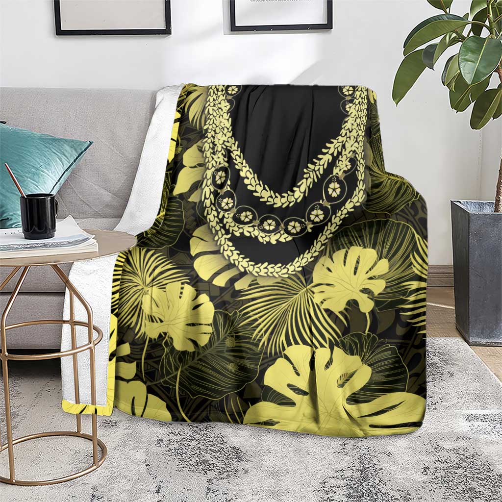 Yellow Hawaii Kukui Nut Lei Blanket Hawaiian Pattern Monstera Tropical Vibes - Polynesian Pride