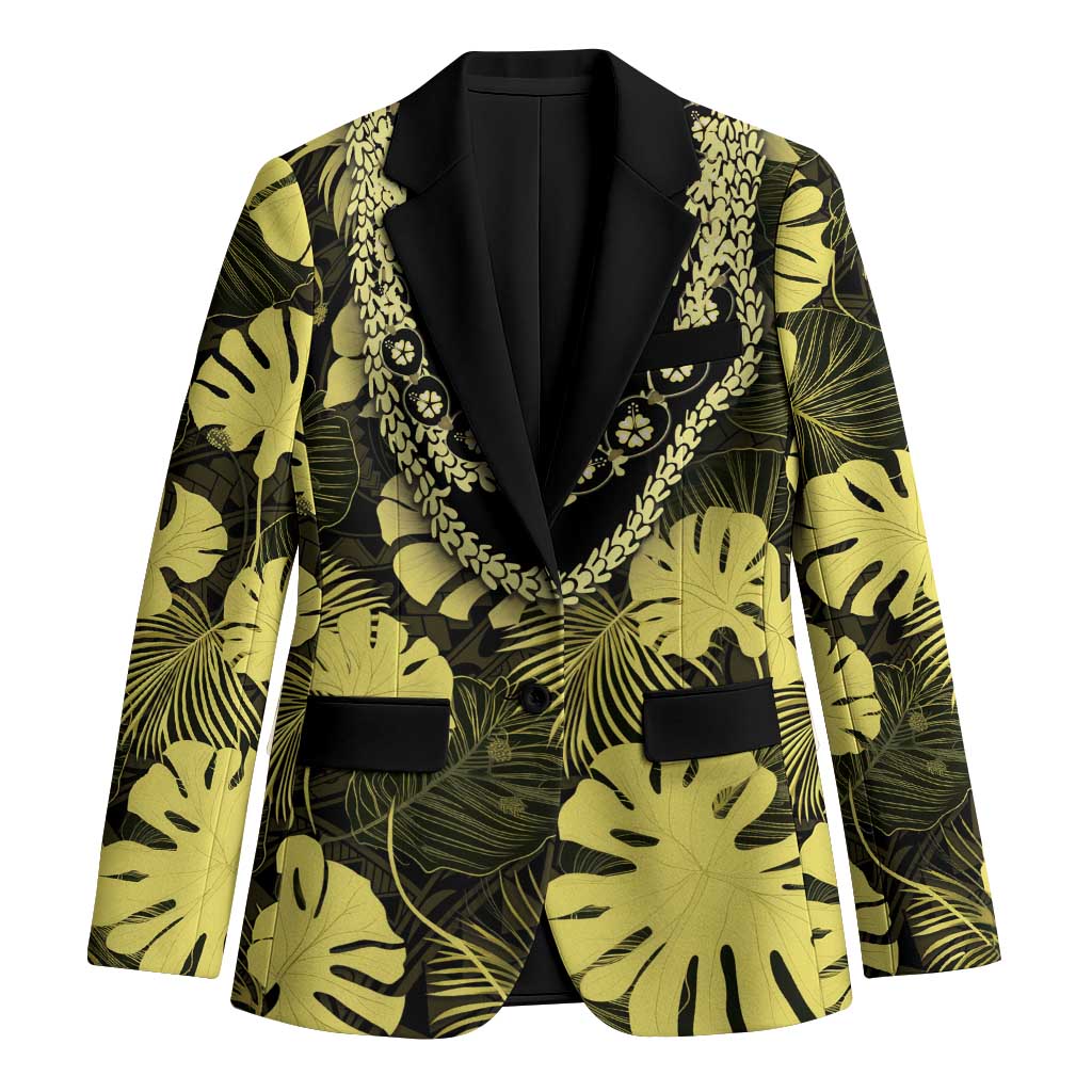 Yellow Hawaii Kukui Nut Lei Blazer Hawaiian Pattern Monstera Tropical Vibes - Polynesian Pride