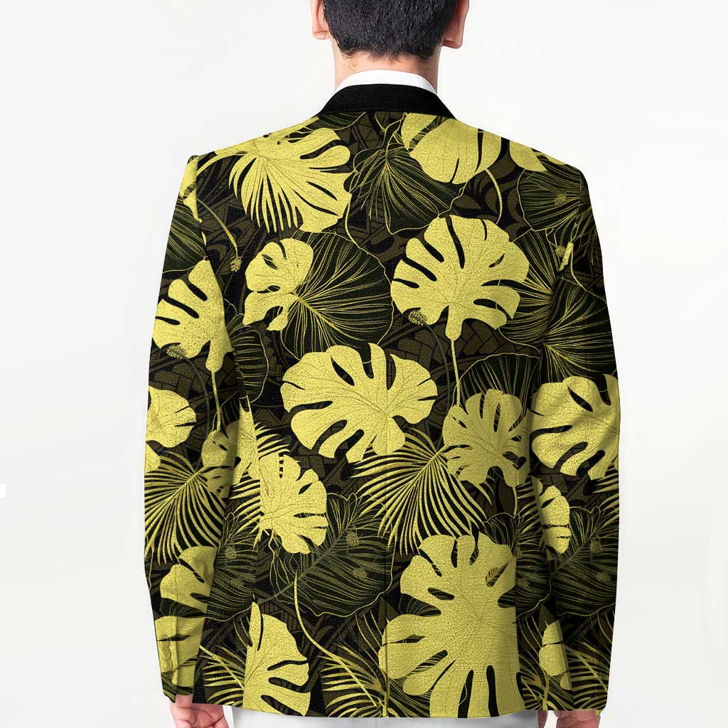 Yellow Hawaii Kukui Nut Lei Blazer Hawaiian Pattern Monstera Tropical Vibes - Polynesian Pride