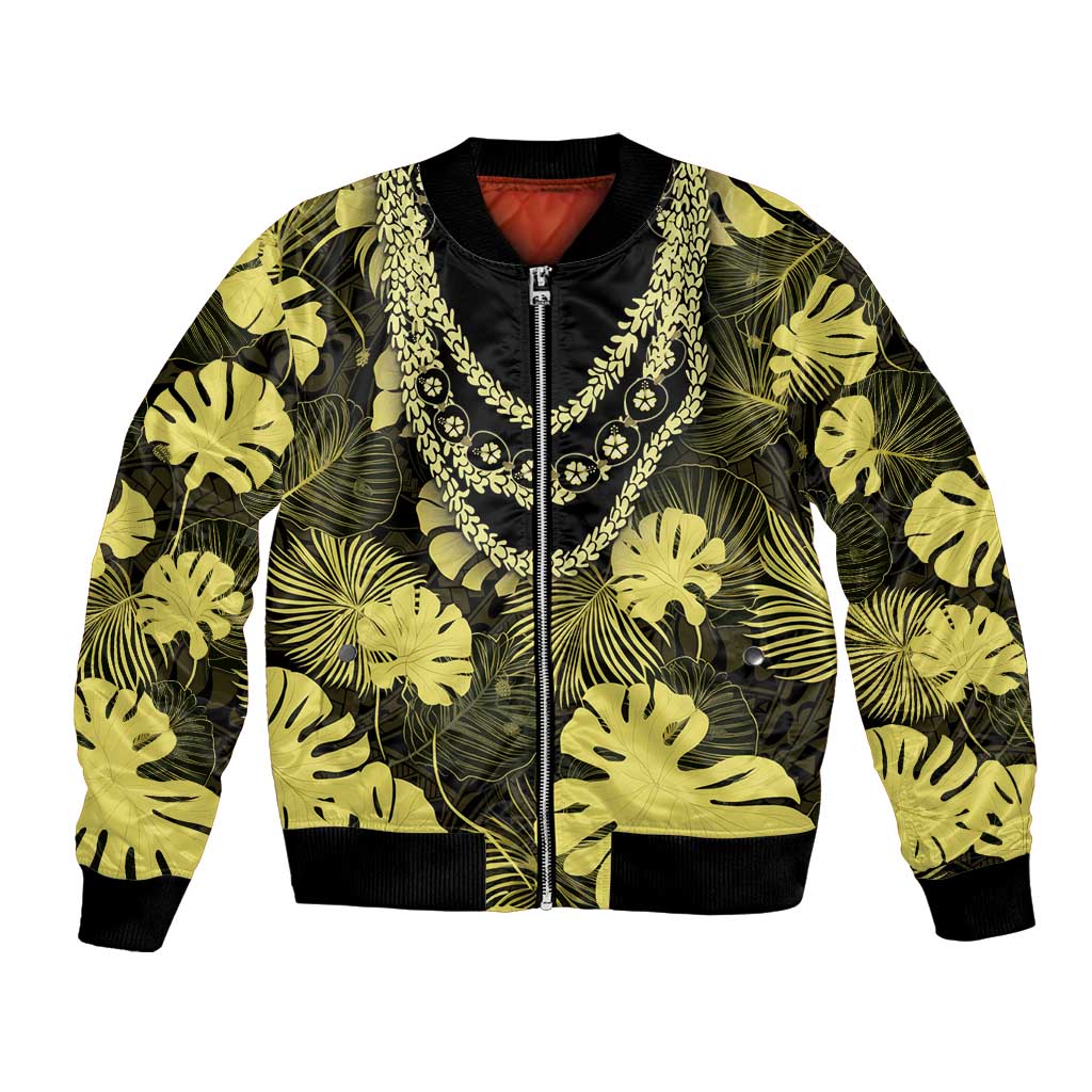 Yellow Hawaii Kukui Nut Lei Bomber Jacket Hawaiian Pattern Monstera Tropical Vibes - Polynesian Pride